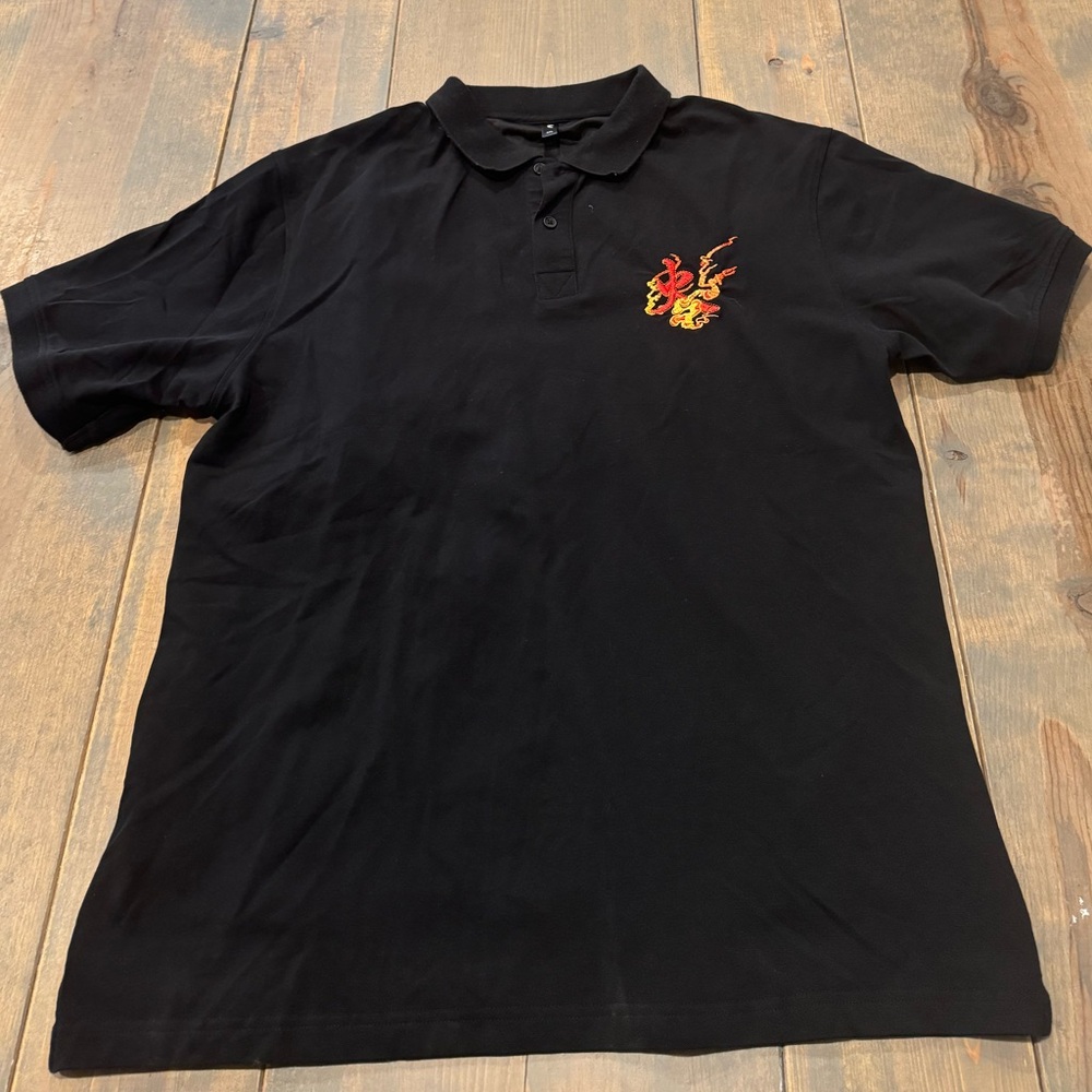 Fire Phoenix Bird Embroidered Men’s Short Sleeve Black Polo Shirt Size: 3XL